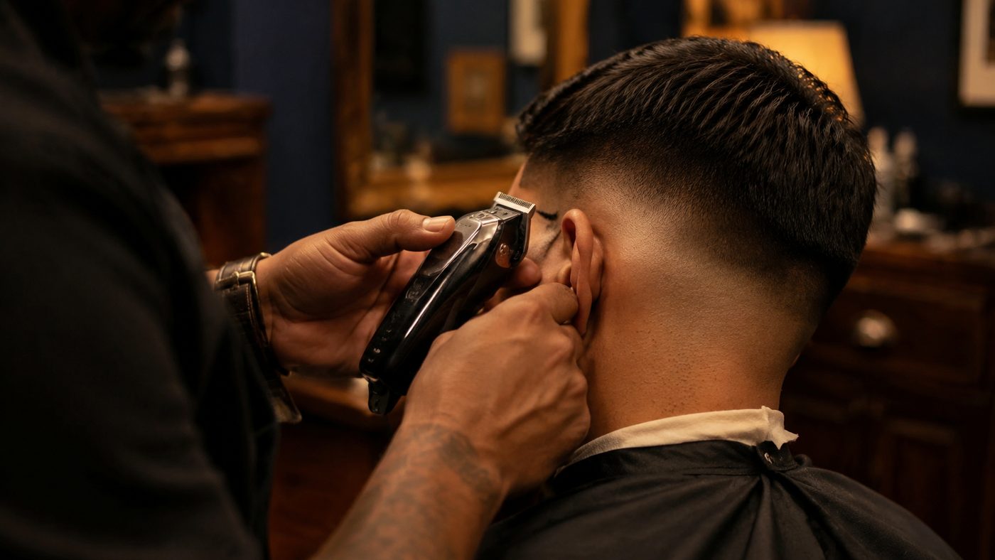 Barber blending a skin fade with clippers in Cape Coral, FL